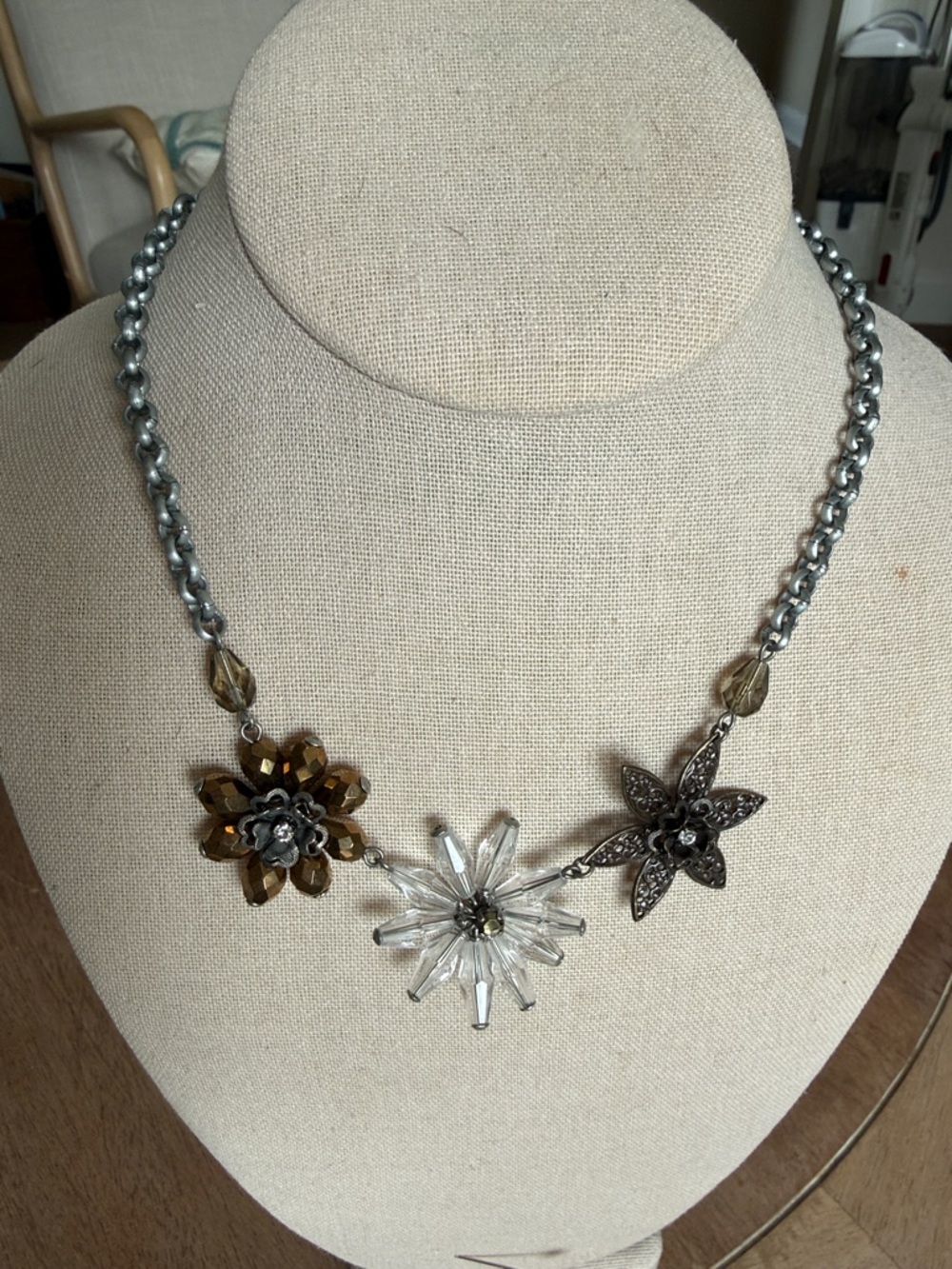 Sabika Look Both Ways Multi Floral Crystal Statement Necklace - Silver and Amber